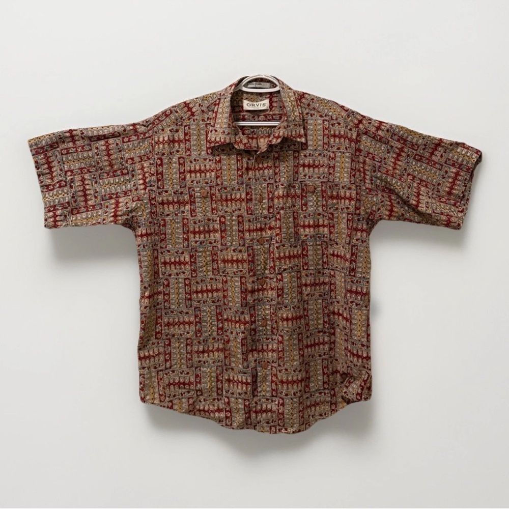 Orvis Mens Cotton 90s Style Pattern Button Down Short Sleeve Large RN 70534